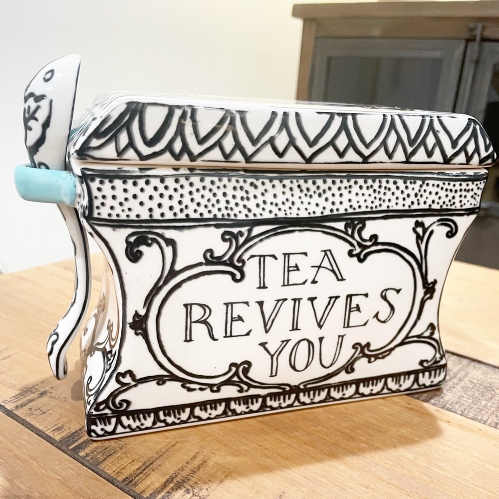 Tea Revives You Ceramic Tea Caddy - White and Black